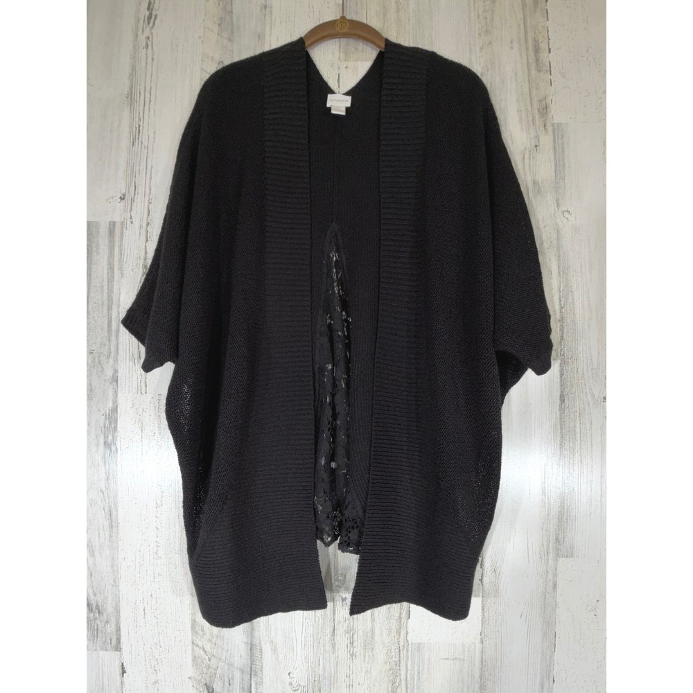 Chicos Cardigan Sweater 0 Small Black Lace Back Open Front Dolman‎ Sleeve Knit